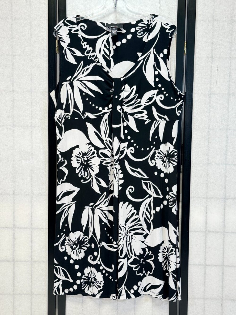 Style & Co Tropical Print Empire Waist Knit Shift Dress Sleeveless Black White